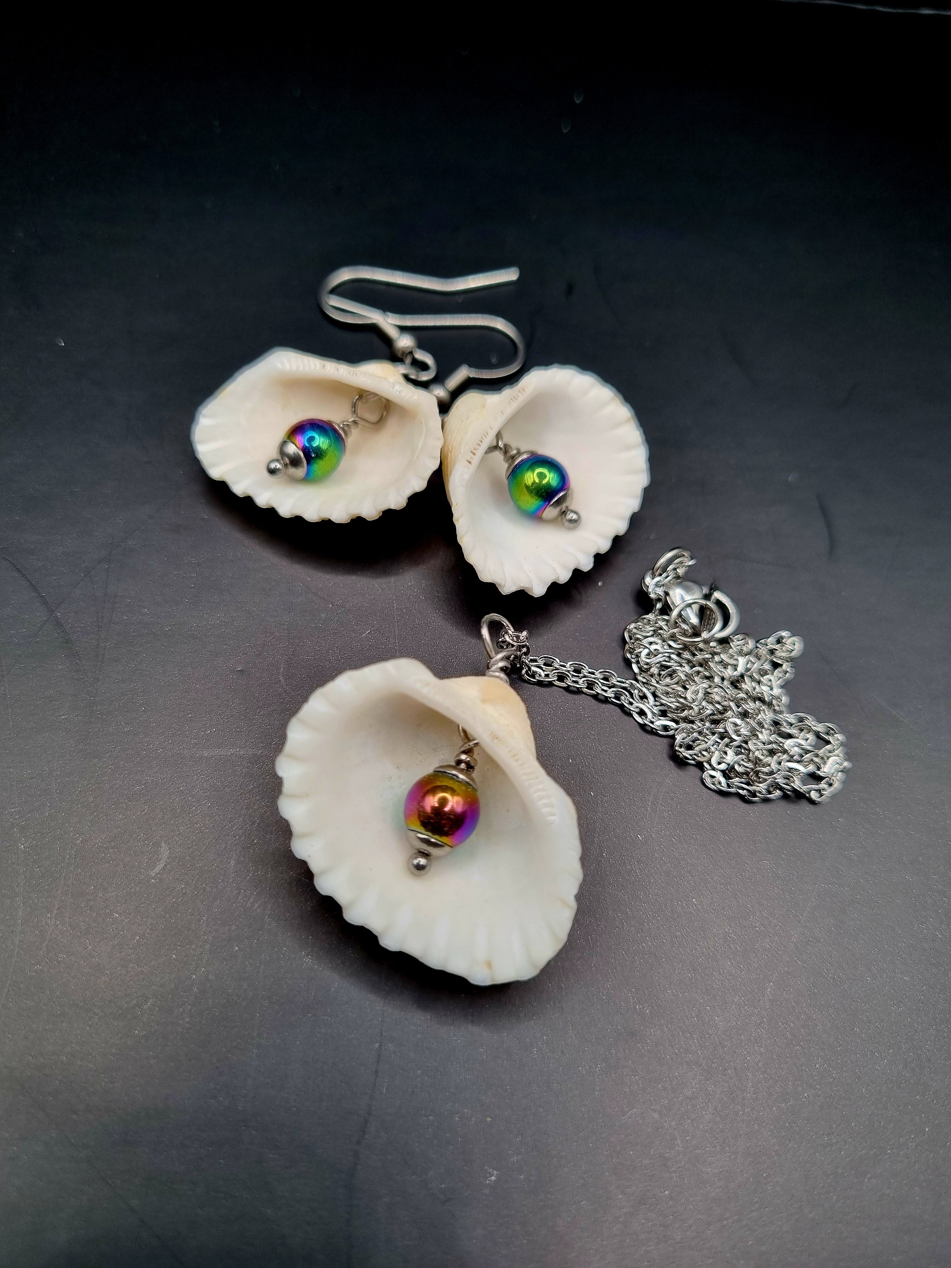 Hematite & Shell Necklace & Earring Set image 1